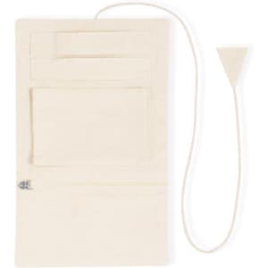 A cream coloured toiletry bag featuring pockets and a zippered section, with a cord attached. It has a logo.