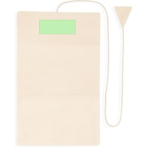 A beige jewellery wrap with a triangular tag and a string for closure, featuring a green label area.