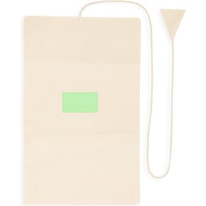 A beige jewellery wrap with a green accent and a drawstring closure. It has a simple design and features a logo.
