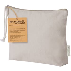 A cream-coloured toiletry bag made of recycled cotton, featuring a zip closure and a tag with recycling information.