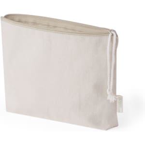 A beige toiletry bag with a zip closure and a drawstring detail, featuring a small logo tag.