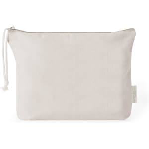 A cream-coloured toiletry bag with a zipper and a small branding tag.