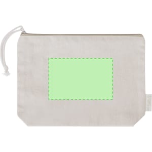 A cream toiletry bag with a green highlighted rectangular section and a drawstring closure. Features a logo.