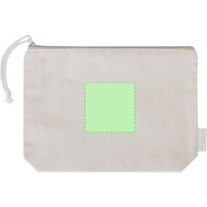 A light beige toiletry bag with a green stitched square and a white drawstring. Features a branding logo.