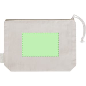 A beige toiletry bag with a zip closure and a green blank area, featuring a decorative cord.