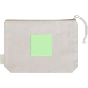 A light beige toiletry bag with a green square outline and a zipper closure. It features a drawstring detail.