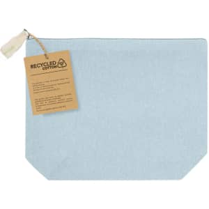 A light blue toiletry bag made from recycled cotton with a tag attached. Features a zip closure.