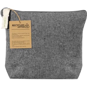 A grey toiletry bag made from recycled cotton, featuring a tag and a simple design. It has a logo on it.