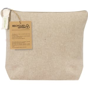 A beige toiletry bag made from recycled cotton, featuring a zip closure and a tag indicating material.