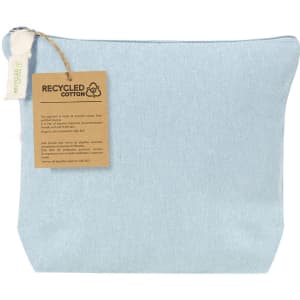 A light blue toiletry bag made from recycled cotton, featuring a tag with information and a logo.