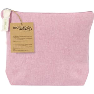 A pink toiletry bag made from recycled cotton, featuring a branding tag.