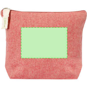 A pink toiletry bag with a zip closure and a blank area for customization. It features a label and a simple design.