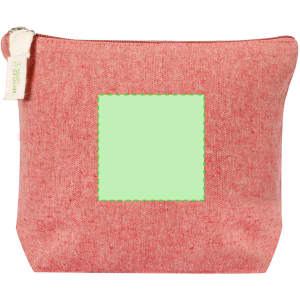A pink toiletry bag with a square area in the centre and a logo tag on the side.