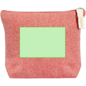 A red toiletry bag with a zip closure and a blank square for customisation, featuring a brand label.
