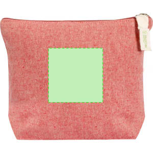 A red toiletry bag with a textured finish and a zipper closure, featuring a blank green square area for customisation.