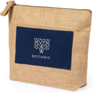 A natural jute toiletry bag with a navy blue patch featuring a logo. Perfect for beauty essentials.