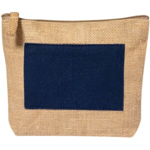 A natural jute beauty bag with a navy blue patch and a zip closure, featuring a simple design and logo.