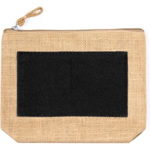 A toiletry bag featuring a natural jute exterior with a black fabric panel, finished with a zip closure.