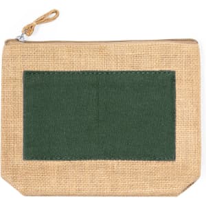 A natural jute bag with a green fabric patch on the front and a zip closure. Features a loop for easy carrying.