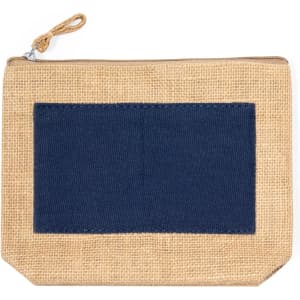 A natural jute beauty bag with a navy canvas patch and a zip closure. It features a simple, textured design.
