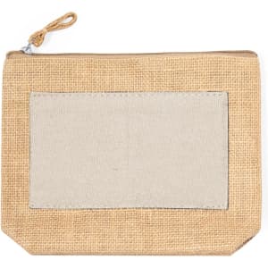 A beige beauty bag with a textured exterior and a blank patch on the front, featuring a zip closure.