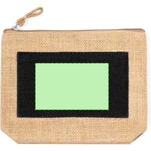 A jute beauty bag featuring a black contrast trim and a rectangular green insert. Zipper closure at the top.