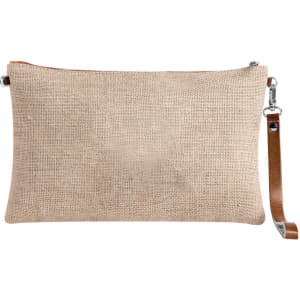 A beige toiletry bag with a textured finish and a leather strap, featuring a silver zip and branding.
