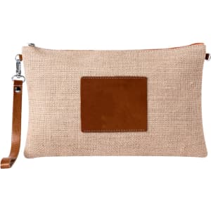 A beige toiletry bag with a brown leather patch and a wrist strap. It features a zip closure.