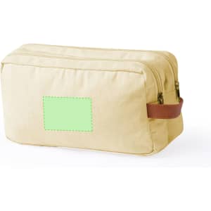 A cream toiletry bag featuring a brown handle and a zipper closure, with a blank area for custom branding.