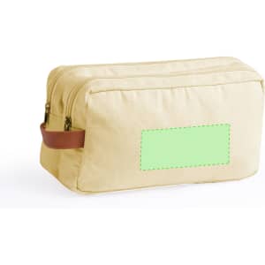 A cream toiletry bag with a brown handle, featuring a branding logo and a blank green label space.