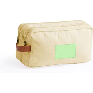 A beige toiletry bag with a brown handle, featuring a branding space on the side.