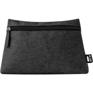 A grey toiletry bag with a zipper, featuring a simple and sleek design. It has a logo on one side.