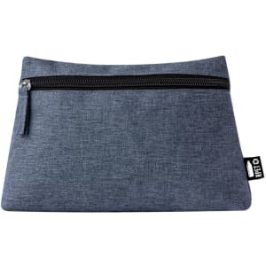 A grey toiletry bag with a zipped opening and a small logo tag on the side.