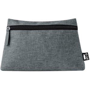 A grey toiletry bag with a zippered closure and a small logo tag on the side.