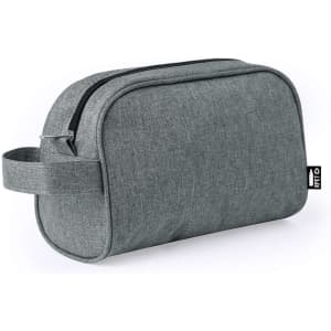 A grey toiletry bag with a zip closure and a side handle, featuring a branding logo.