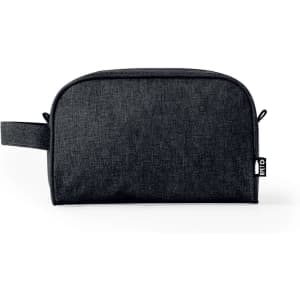 A black toiletry bag with a handle, featuring a smooth fabric surface and a subtle logo.