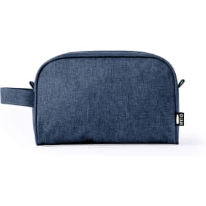 A toiletry bag in dark blue fabric with a handle, featuring a logo on the side.