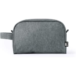 A grey toiletry bag with a smooth texture and a handle on the side, featuring a logo.