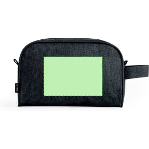 A toiletry bag in black with a green accent panel and a convenient handle. It features a logo.