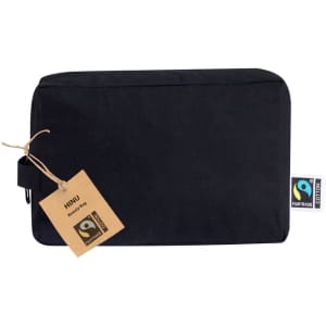 A black toiletry bag with a zipper, featuring a tag and a logo. Suitable for a variety of travel needs.