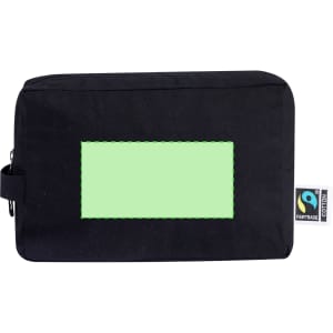 A black toiletry bag with a green rectangular panel and a Fairtrade logo on the side.