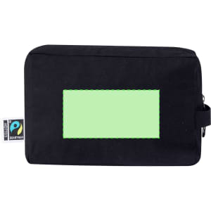 A black toiletry bag with a green rectangular area and a logo tag on the side.