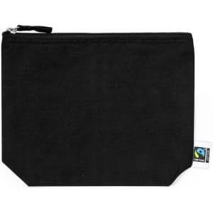 A black toiletry bag with a zip closure and a Fairtrade logo tag on the side.