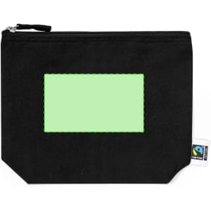 A black toiletry bag featuring a green stitched panel and a tag with a logo.