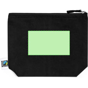 A black toiletry bag with a green stitched rectangular area and a logo tag.