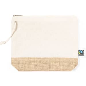 A cream and beige toiletry bag with a zipper and a logo tag. The bag features a textured bottom section.