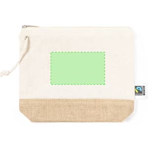 A beige and natural toiletry bag with a textured bottom, featuring a simple logo and a blank area for customisation.