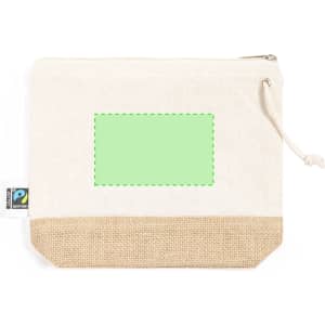 A cream toiletry bag with a textured beige bottom, featuring a decorative green rectangular area and a logo.