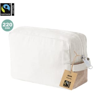 A beige toiletry bag made of Fairtrade cotton, featuring a natural jute detail and a zip closure. It has a tag attached.