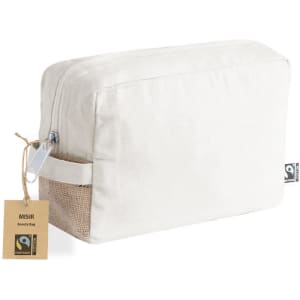 A cream toiletry bag with a jute accent, featuring a zip closure and a tag. It has a Fairtrade logo.